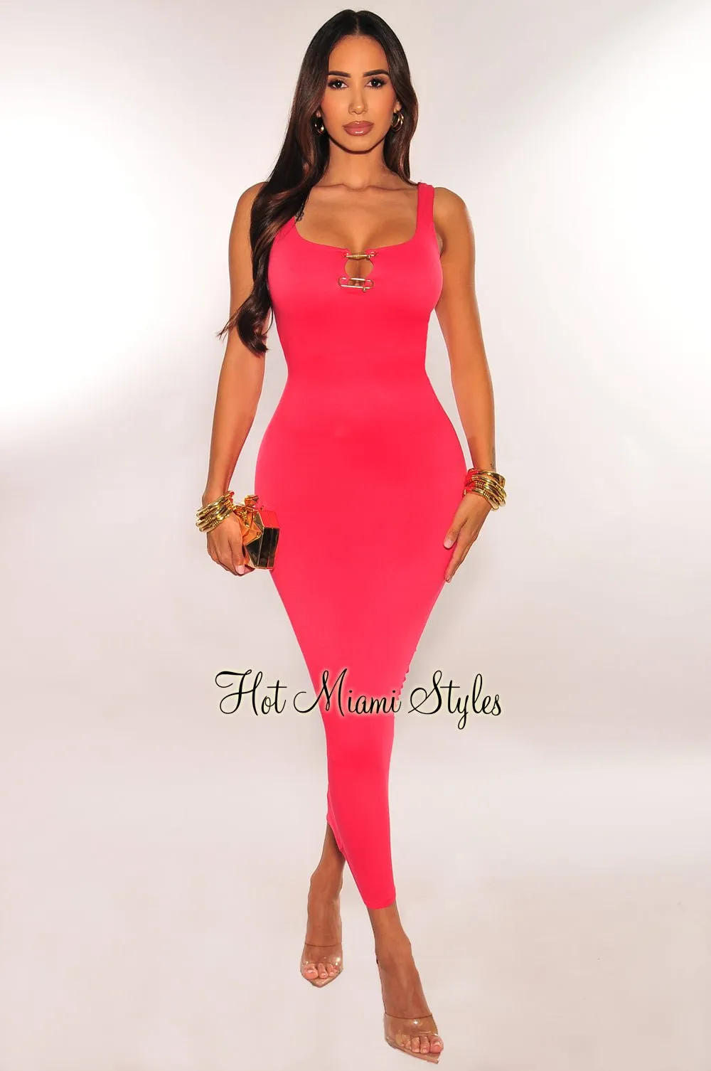 Hot Pink Sleeveless Gold Ring Cut Out Ruched Back Dress sold by Hot Miami Styles
