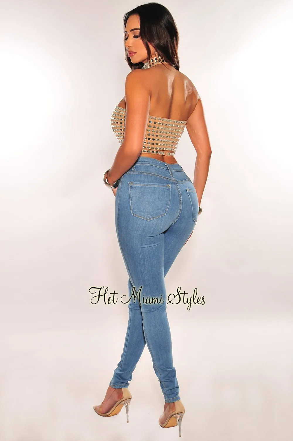 Nude Rhinestone Halter Strappy Crop Top sold by Hot Miami Styles product image thumbnail 5