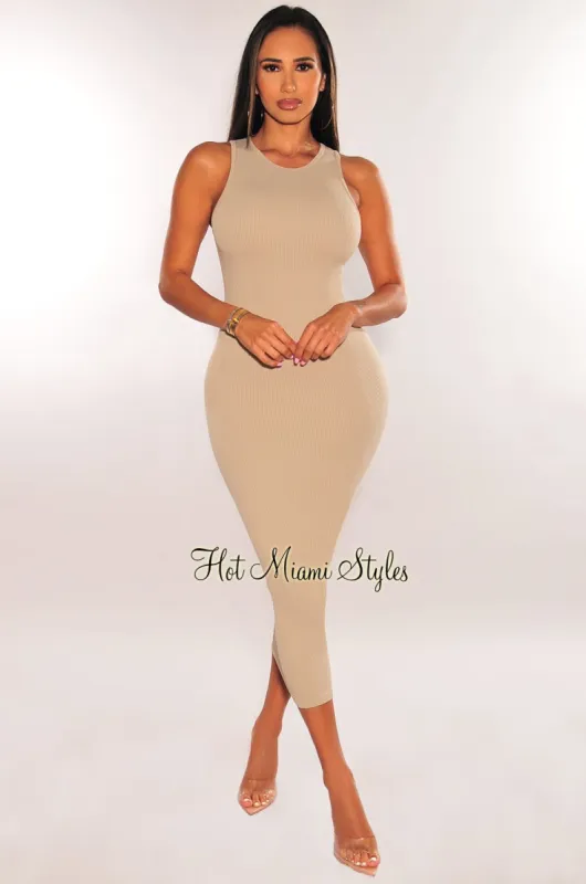 Taupe Ribbed Seamless Sleeveless Midi Dress sold by Hot Miami Styles