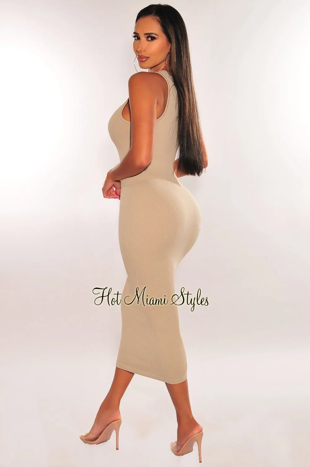 Taupe Ribbed Seamless Sleeveless Midi Dress sold by Hot Miami Styles product image thumbnail 2