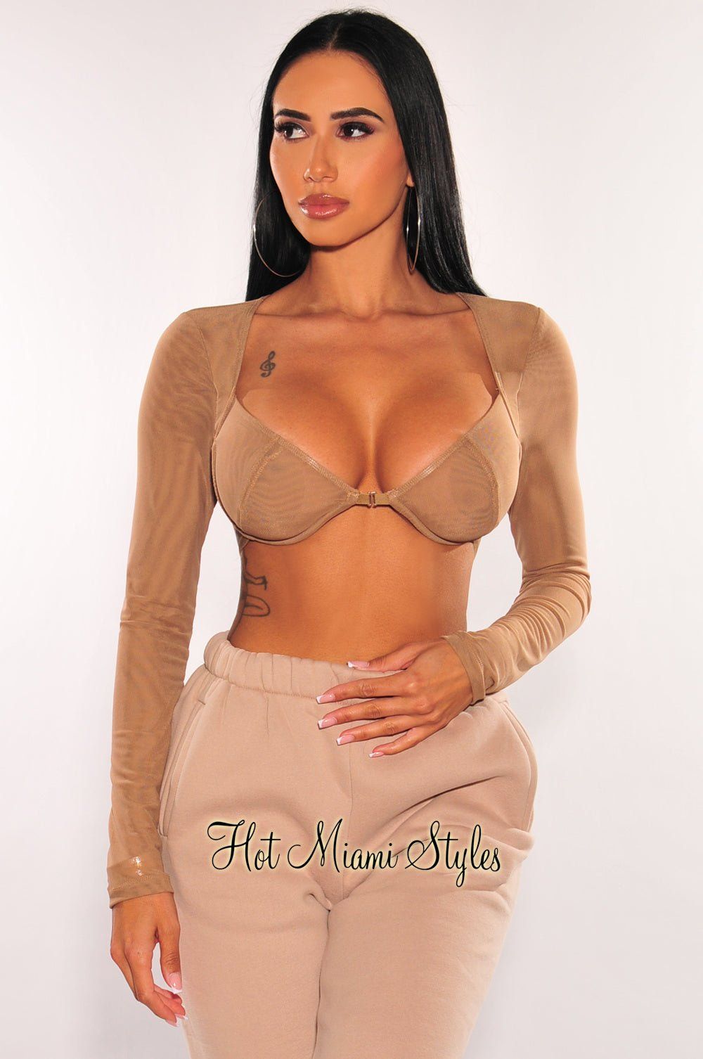 Mocha Mesh Underwire Long Sleeve Bustier Crop Top sold by Hot Miami Styles