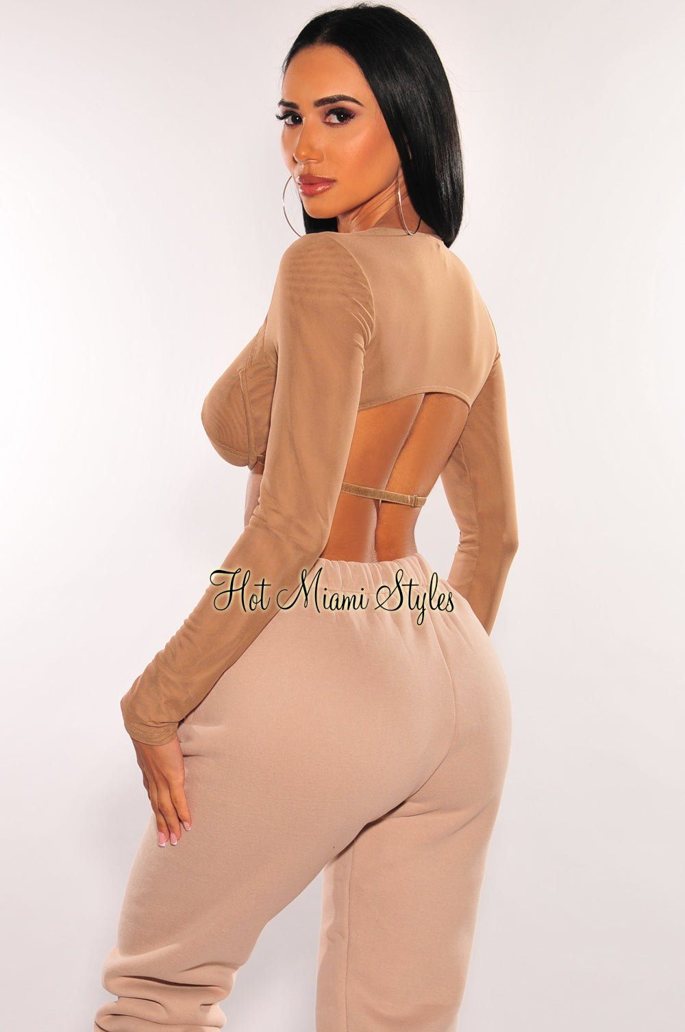 Mocha Mesh Underwire Long Sleeve Bustier Crop Top sold by Hot Miami Styles product image thumbnail 2