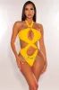 Yellow Halter Gold O-Ring Cut Out Ruched Swimsuit sold by Hot Miami Styles