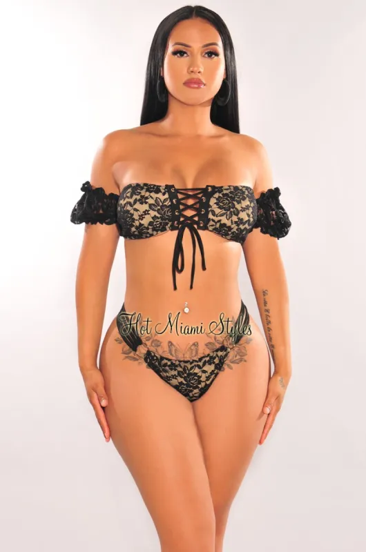 Black Nude Floral Lace Off Shoulder Strappy O-Ring Bikini Top sold by Hot Miami Styles