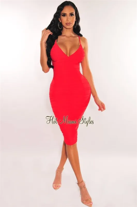 Red V Neck Spaghetti Straps Ruched Dress sold by Hot Miami Styles