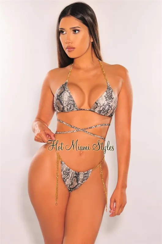 Snake Print Padded Gold Chain Halter Tie Up High Cut Bikini Bottom sold by Hot Miami Styles