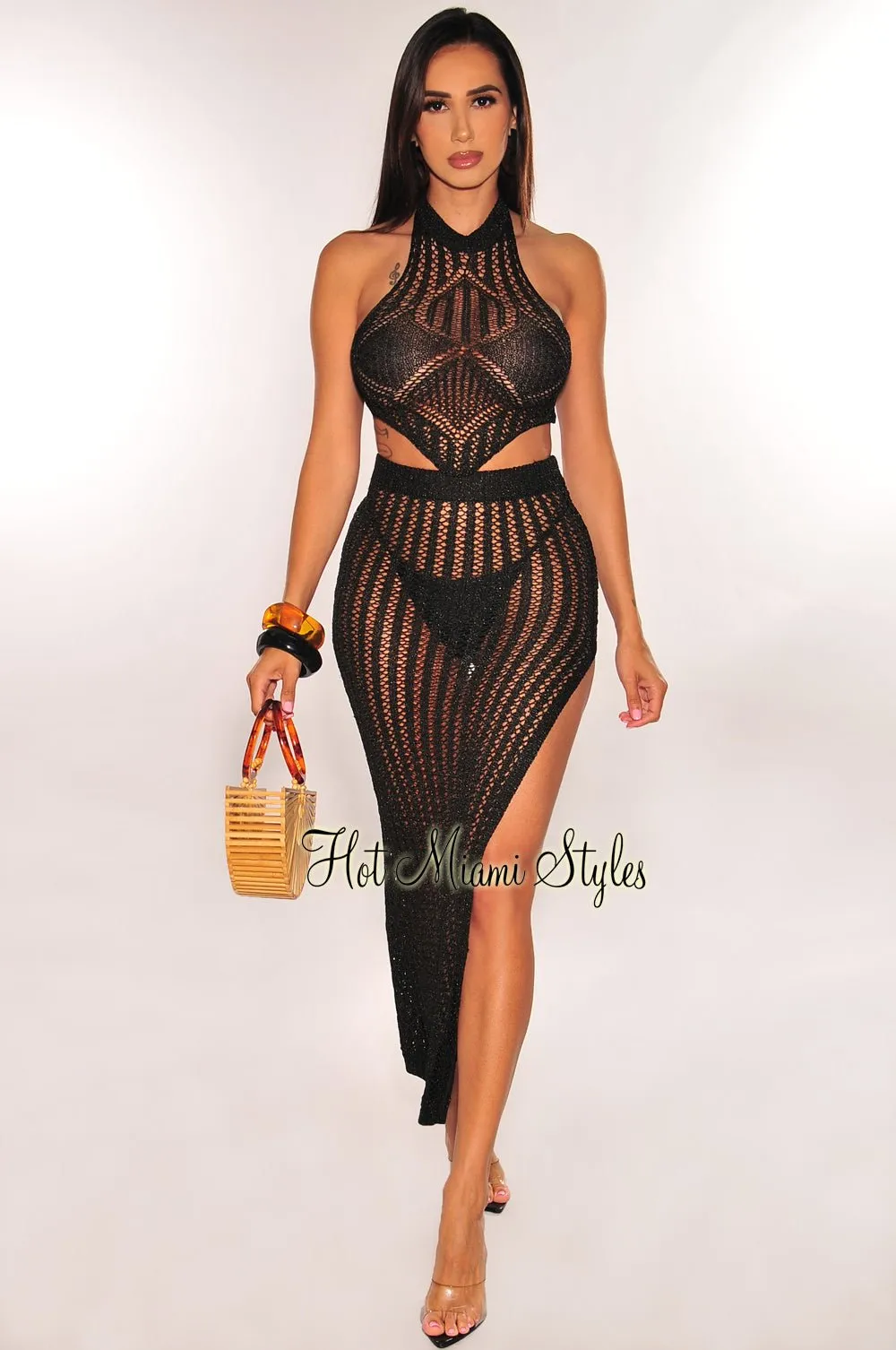 Black Crochet Halter Hanky Tie Up Slit Skirt Cover Up Two Piece Set sold by Hot Miami Styles