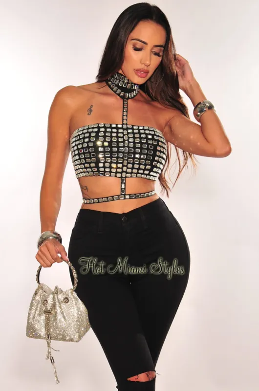 Black Rhinestone Halter Strappy Crop Top sold by Hot Miami Styles