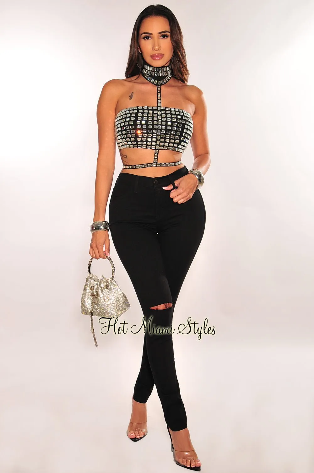 Black Rhinestone Halter Strappy Crop Top sold by Hot Miami Styles product image thumbnail 3