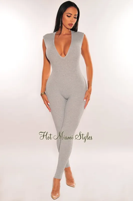Gray Ribbed Knit Low Plunge Sleeveless Jumpsuit sold by Hot Miami Styles