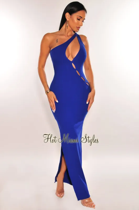 Royal Blue Ribbed One Shoulder Cut Out Slit Dress sold by Hot Miami Styles