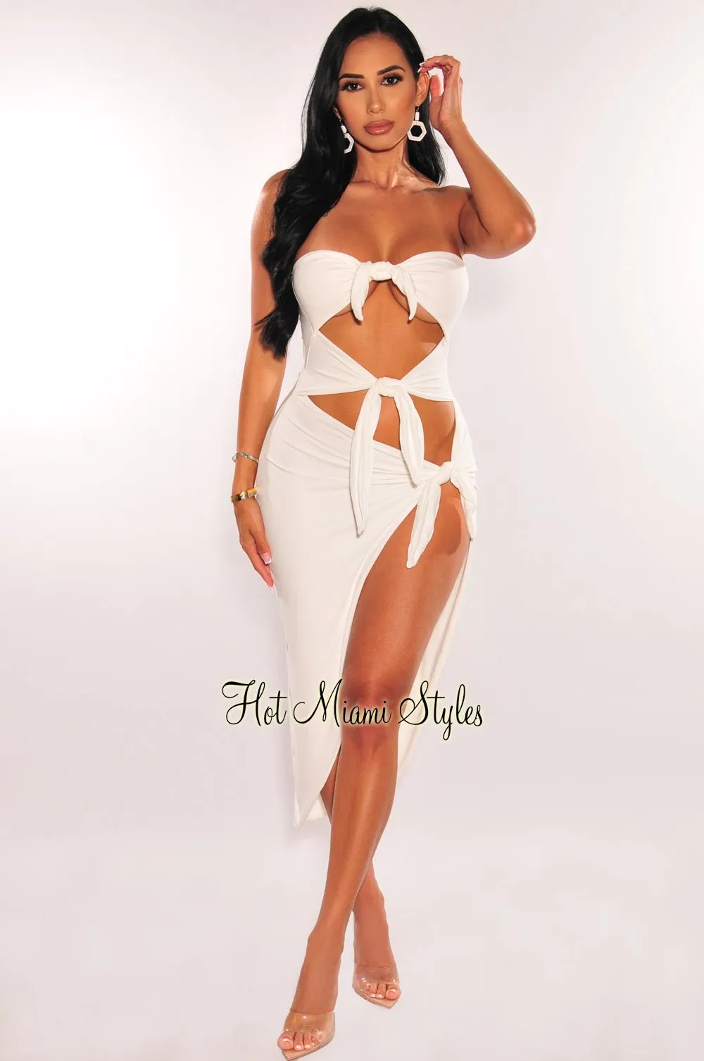 White Strapless Tie Up Cut Out Slit Midi Dress sold by Hot Miami Styles