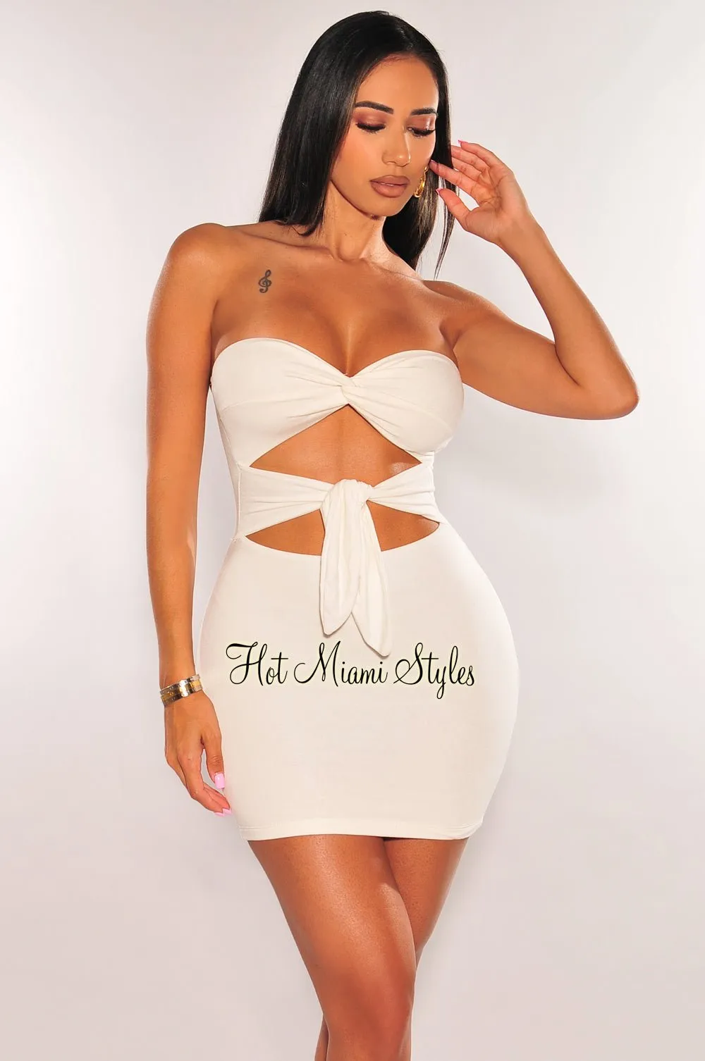 White Strapless Cut Out Knotted Tie Up Mini Dress sold by Hot Miami Styles