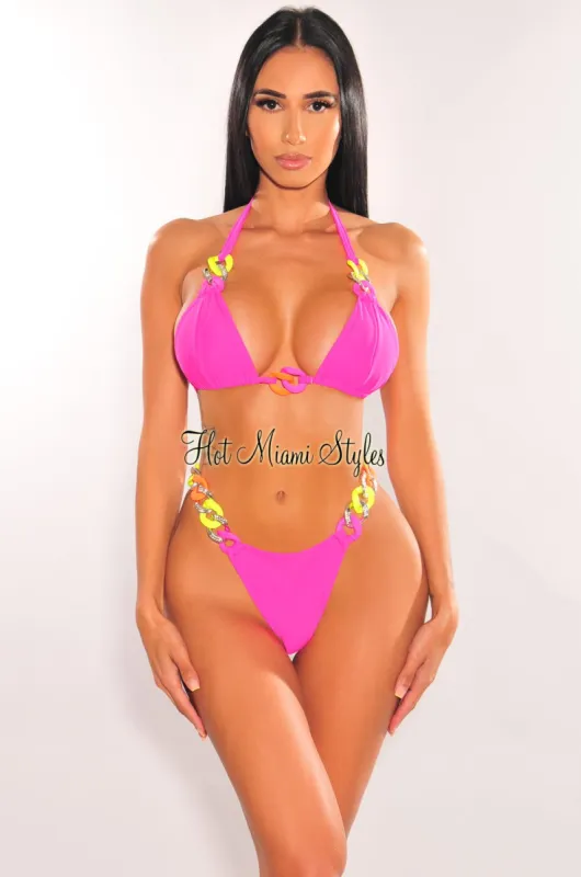 Hot Pink Neon Chain Halter Triangle Top Bikini sold by Hot Miami Styles