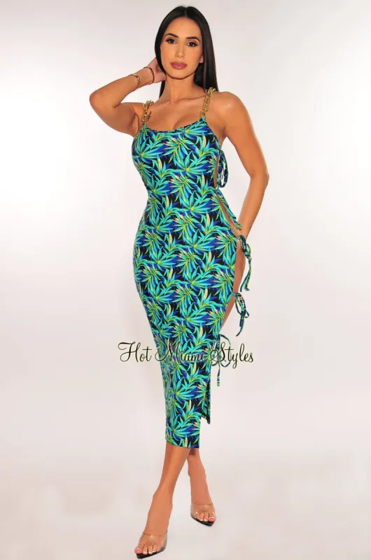 Blue Green Tropical Print Gold Chain Straps Tie Up Sides Dress sold by Hot Miami Styles