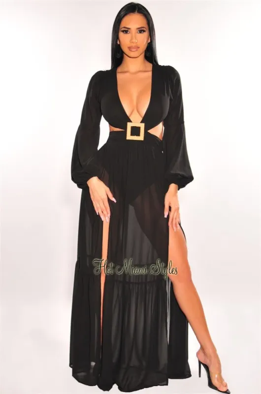 Black Mesh V Neck Cut Out Long Sleeves Double Slit Maxi Dress sold by Hot Miami Styles