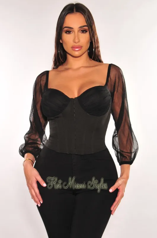 Black Mesh Padded Long Sleeve Bustier Crop Top sold by Hot Miami Styles