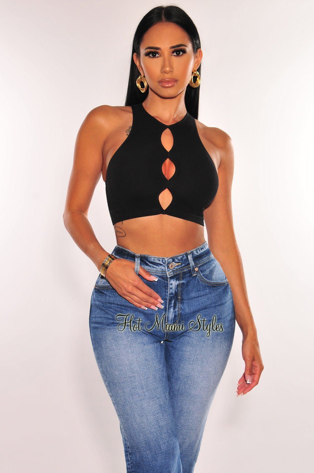 Black Seamless Ribbed Cut Out Sleeveless Crop Top sold by Hot Miami Styles