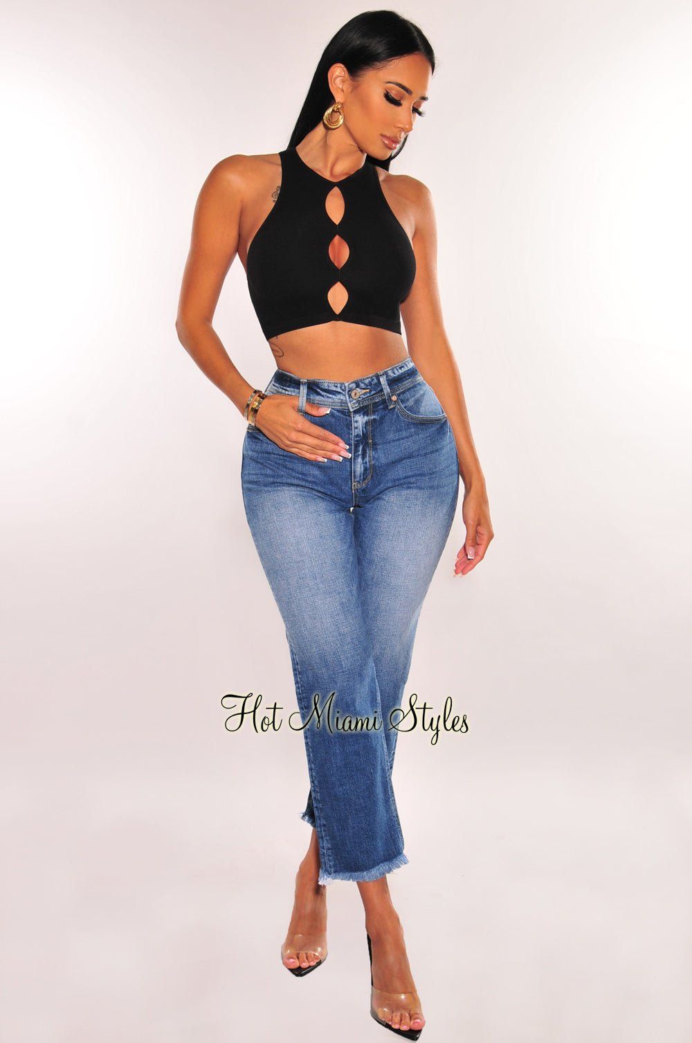 Black Seamless Ribbed Cut Out Sleeveless Crop Top sold by Hot Miami Styles product image thumbnail 3
