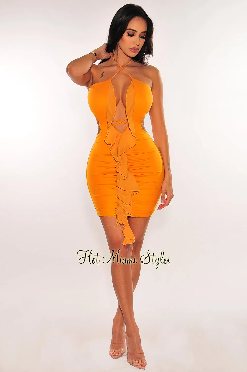 Honey Halter Cut Out Ruffle Mini Dress sold by Hot Miami Styles product image thumbnail 3