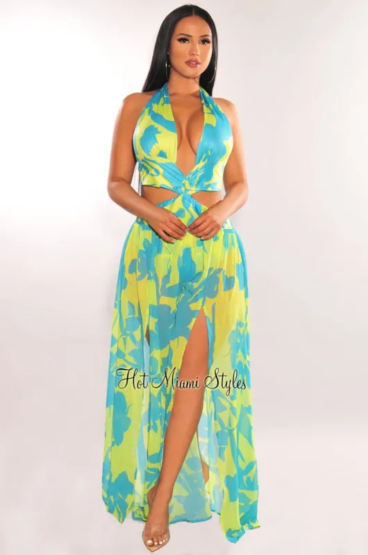 Lime Blue Halter Tie Up Cut Out Double Slit Maxi Dress sold by Hot Miami Styles