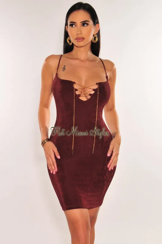 Chocolate Shimmery Spaghetti Strap Gold Chain Lace Up Mini Dress sold by Hot Miami Styles