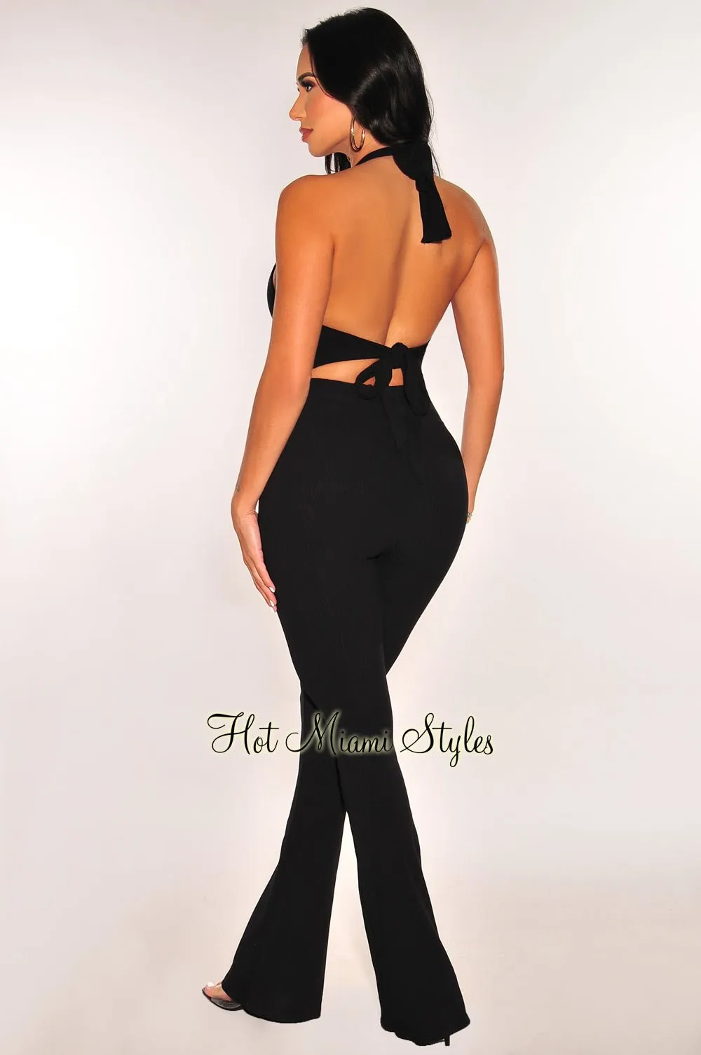 Black Ribbed Halter Cut Out Tie Up Flare Jumpsuit sold by Hot Miami Styles product image thumbnail 2