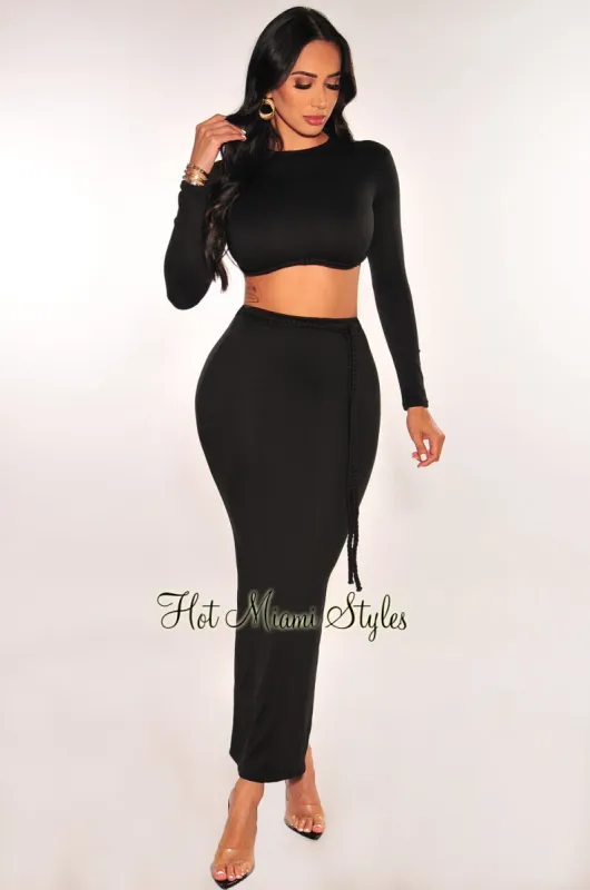 Black Long Sleeve Mock Neck Braided Belt Vent Slit Skirt Two Piece Set sold by Hot Miami Styles