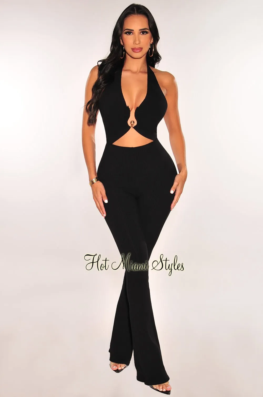 Black Ribbed Halter Cut Out Tie Up Flare Jumpsuit sold by Hot Miami Styles