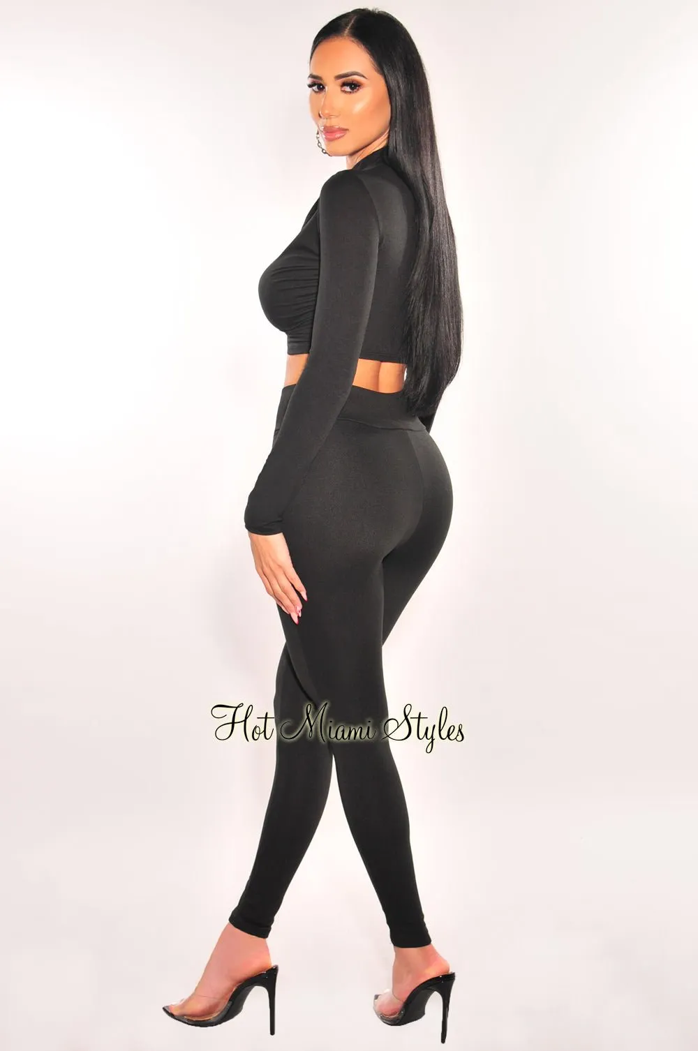 Black Mock Neck Overlay Long Sleeve Pants Two Piece Set sold by Hot Miami Styles product image thumbnail 2