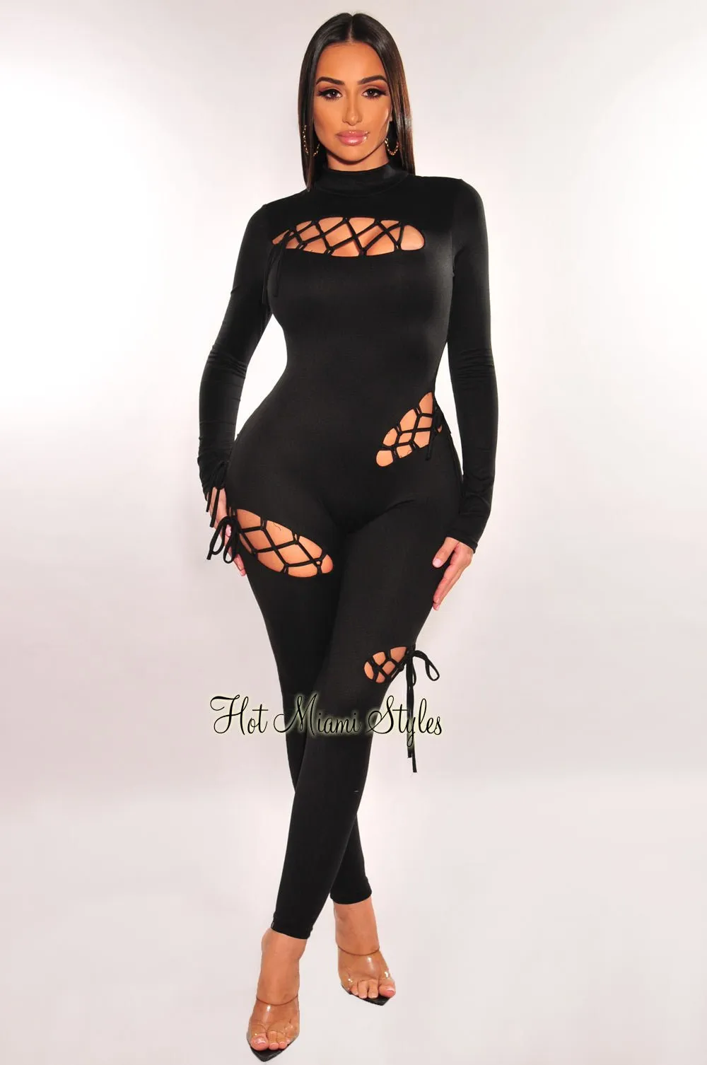 Black Mock Neck Cut Out Lace Up Long Sleeve Jumpsuit sold by Hot Miami Styles