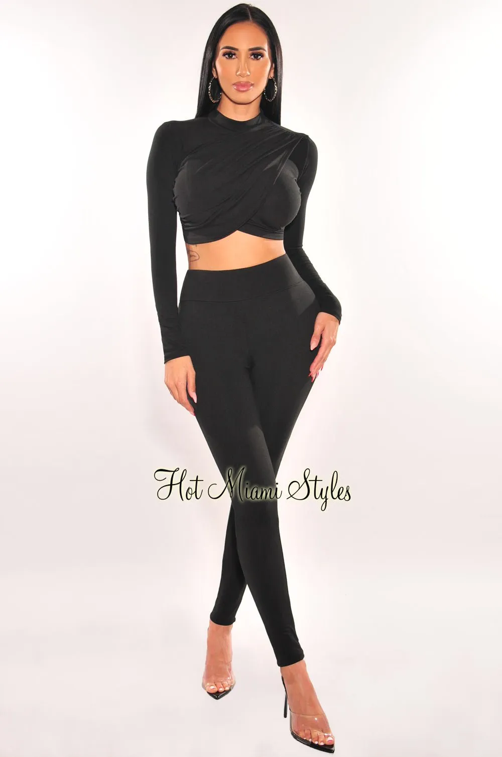 Black Mock Neck Overlay Long Sleeve Pants Two Piece Set sold by Hot Miami Styles