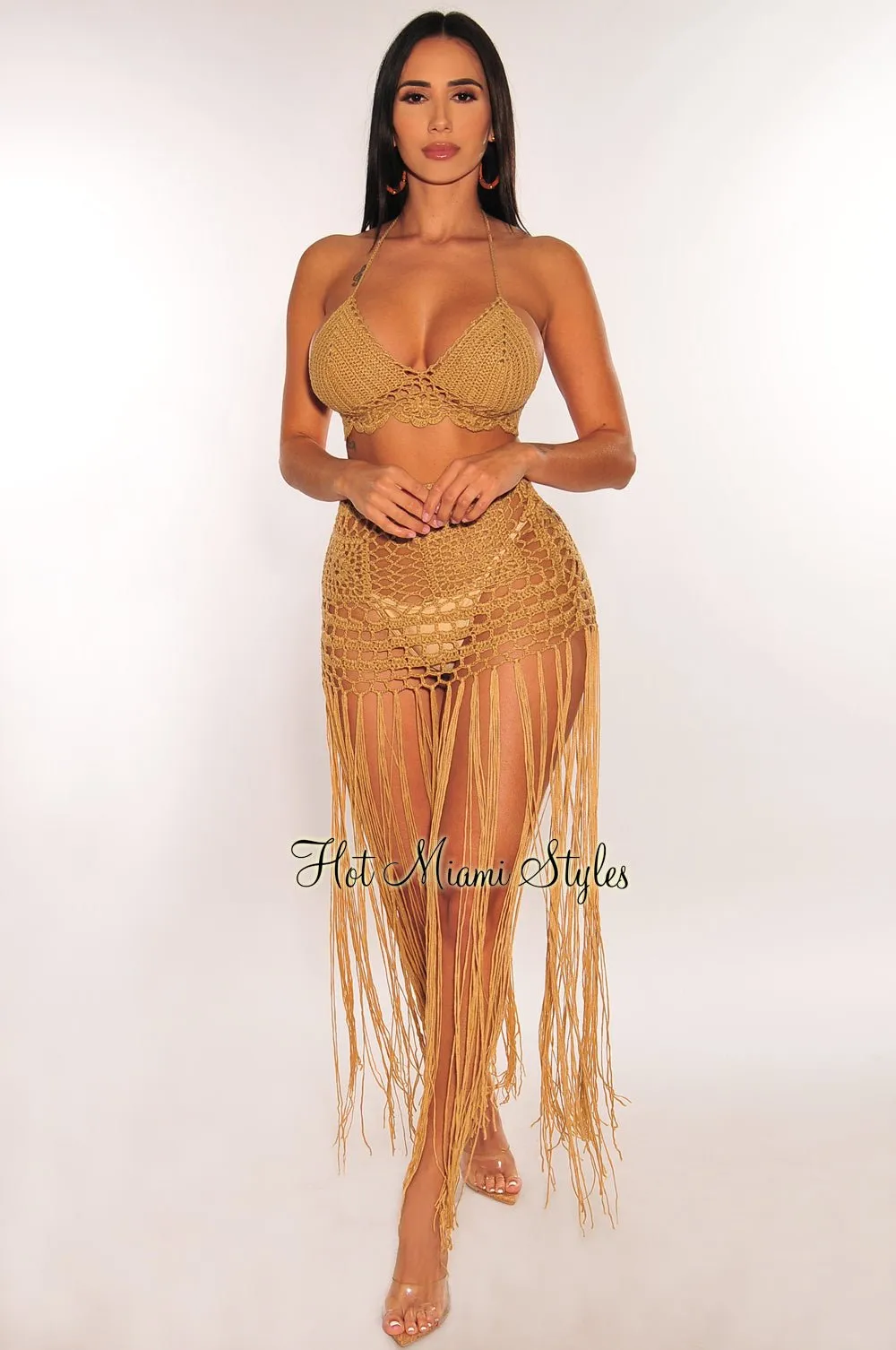 Mocha Crochet Halter V Neck Fringe Cover Up Skirt Two Piece Set sold by Hot Miami Styles