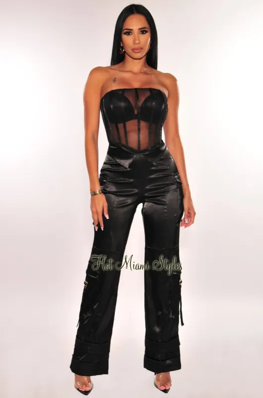 Black Mesh Strapless Boned Bustier Silky Cargo Jumpsuit sold by Hot Miami Styles