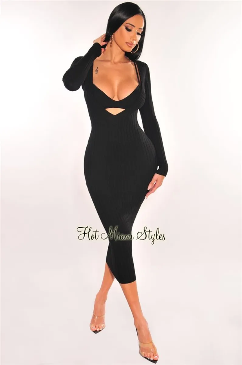 Black Ribbed Knit Plunge Neck Long Sleeve Midi Dress Bralette