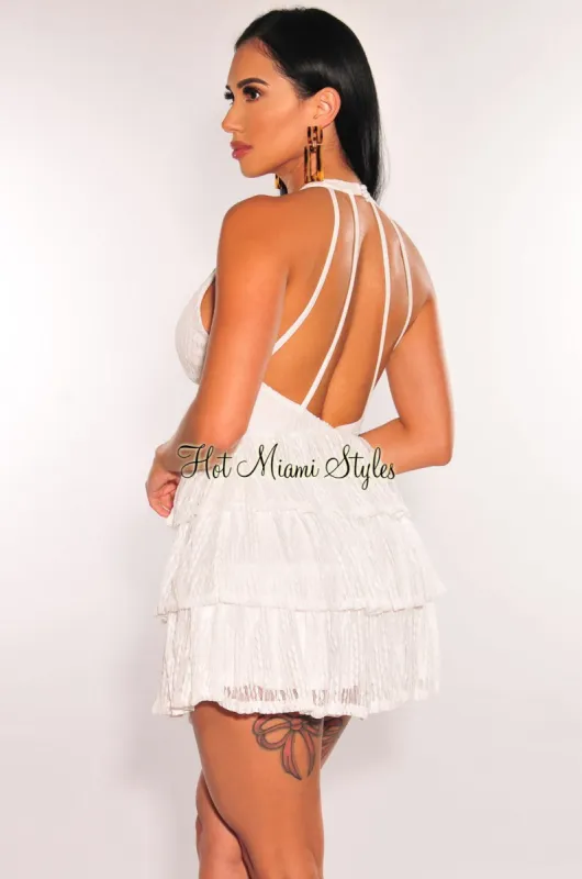 White Lace V Neck Ruffled Strappy Back Babydoll Dress sold by Hot Miami Styles