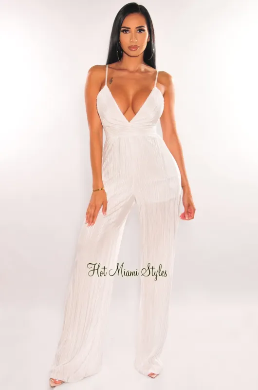 White Spaghetti Straps V Neck Pleated Belted Wide Leg Jumpsuit sold by Hot Miami Styles