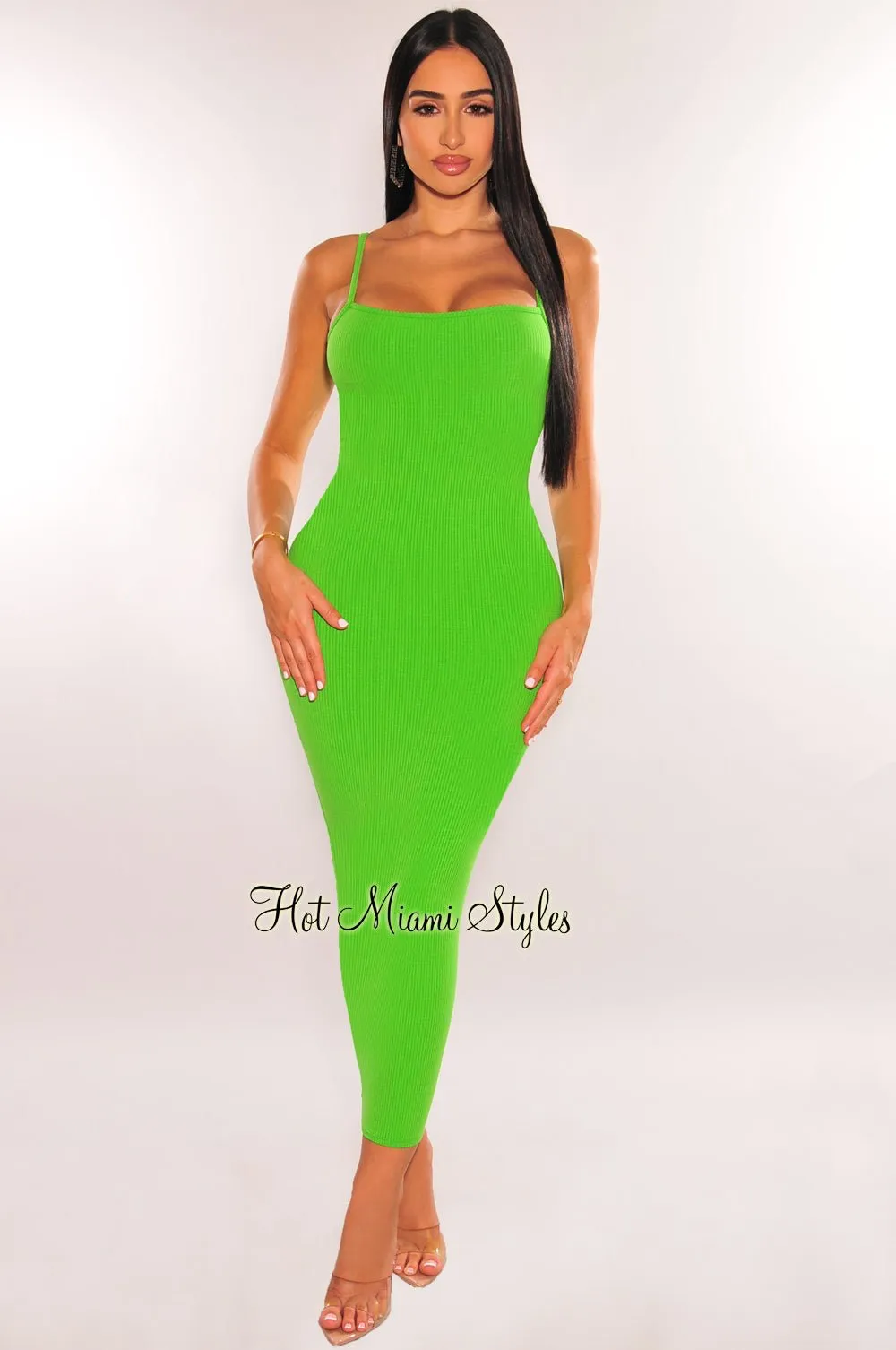 Green Ribbed Spaghetti Strap Cut Out Back Midi Dress sold by Hot Miami Styles
