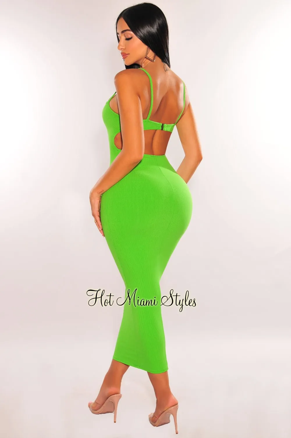 Green Ribbed Spaghetti Strap Cut Out Back Midi Dress sold by Hot Miami Styles product image thumbnail 2