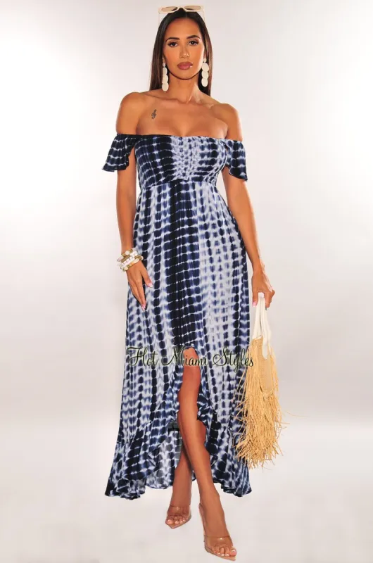 Navy Tie Dye Off Shoulder Smocked Ruffle Maxi Dress sold by Hot Miami Styles