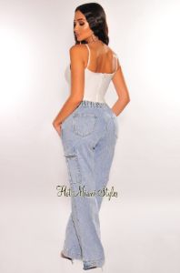 Light Denim High Waisted Wide Leg Cargo Jeans sold by Hot Miami Styles