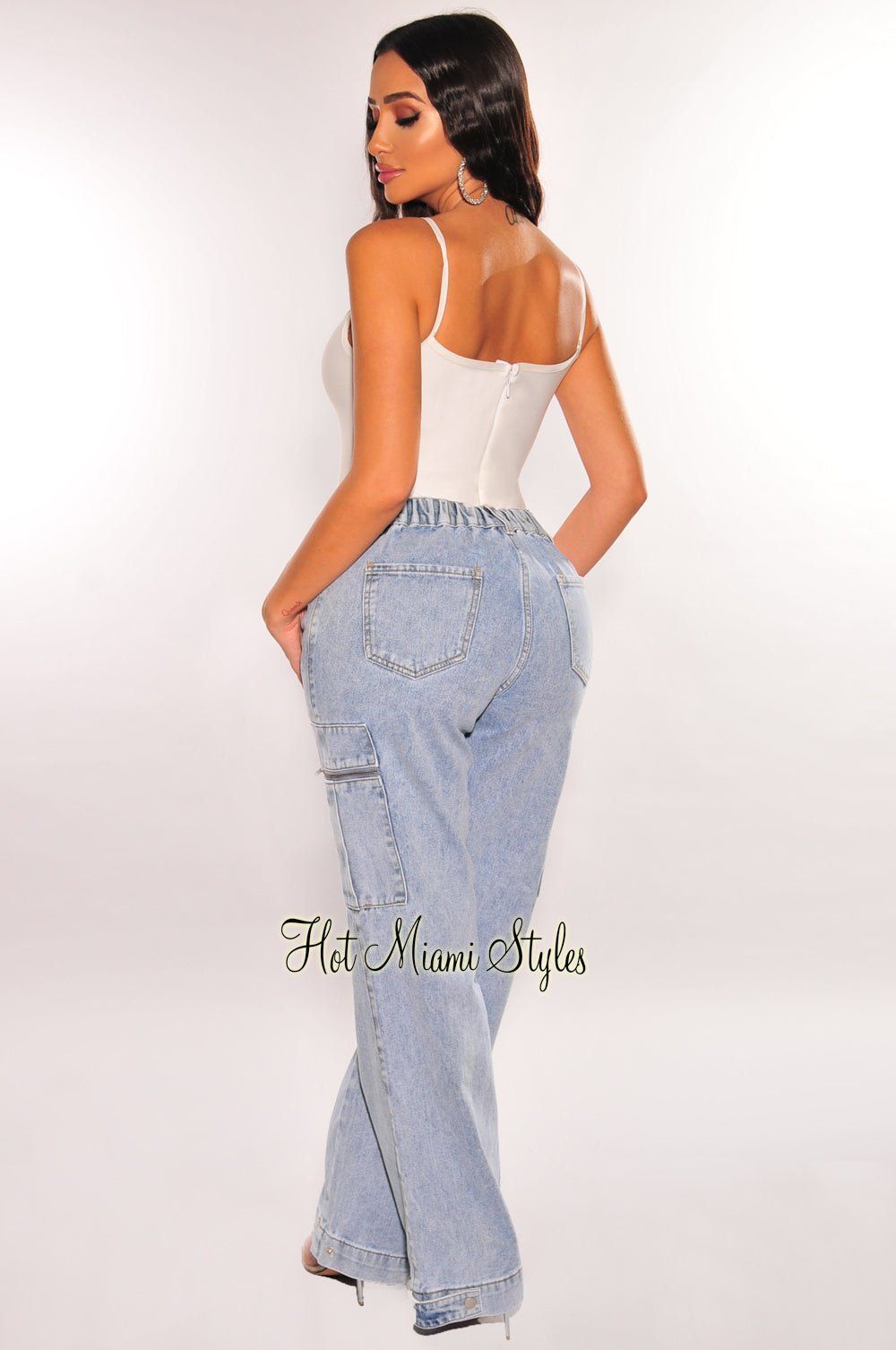 Light Denim High Waisted Wide Leg Cargo Jeans sold by Hot Miami Styles product image thumbnail 2