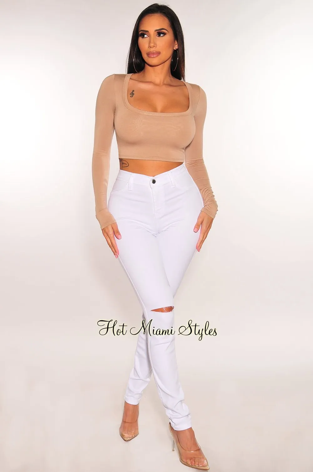 White Ripped Knee High-Waist Skinny Jeans sold by Hot Miami Styles