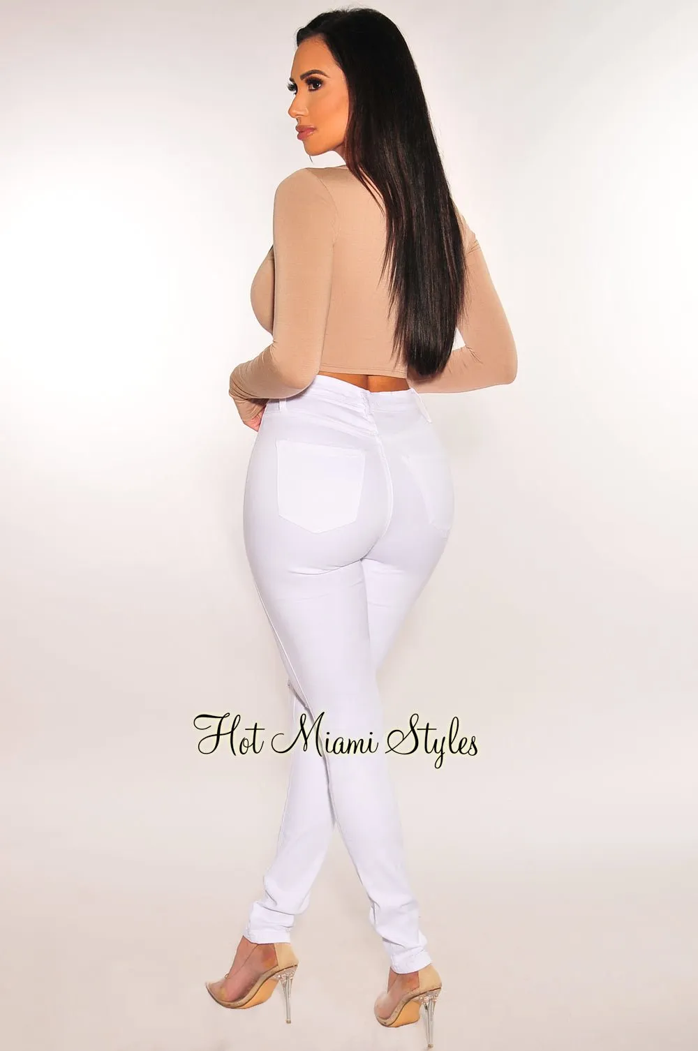 White Ripped Knee High-Waist Skinny Jeans sold by Hot Miami Styles product image thumbnail 2