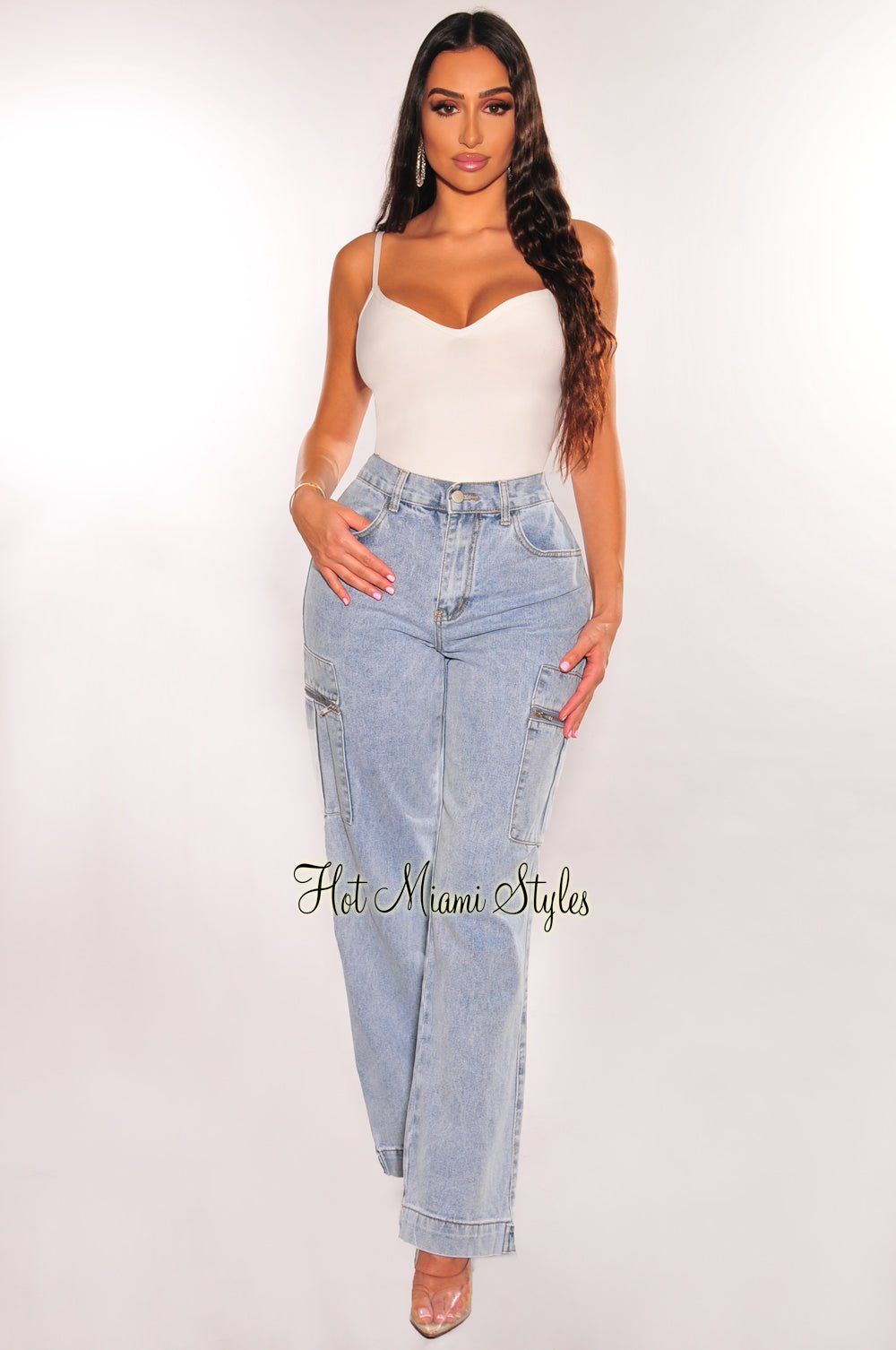 Light Denim High Waisted Wide Leg Cargo Jeans sold by Hot Miami Styles