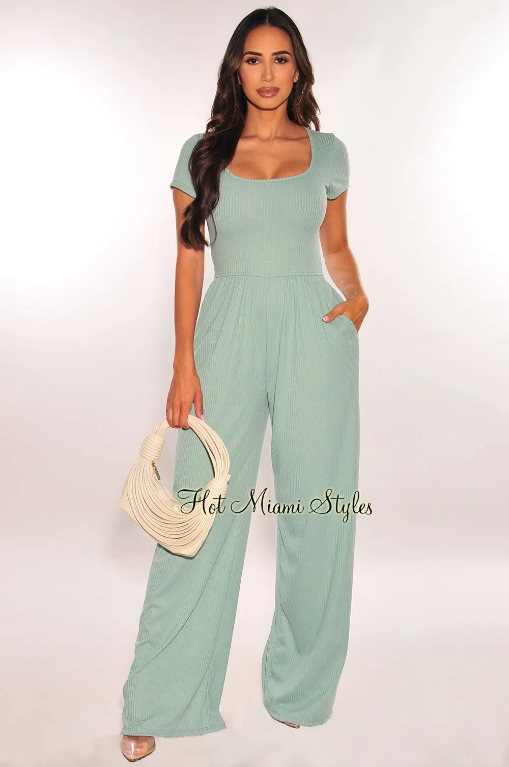 Teal Ribbed Short Sleeve Wide Leg Jumpsuit sold by Hot Miami Styles