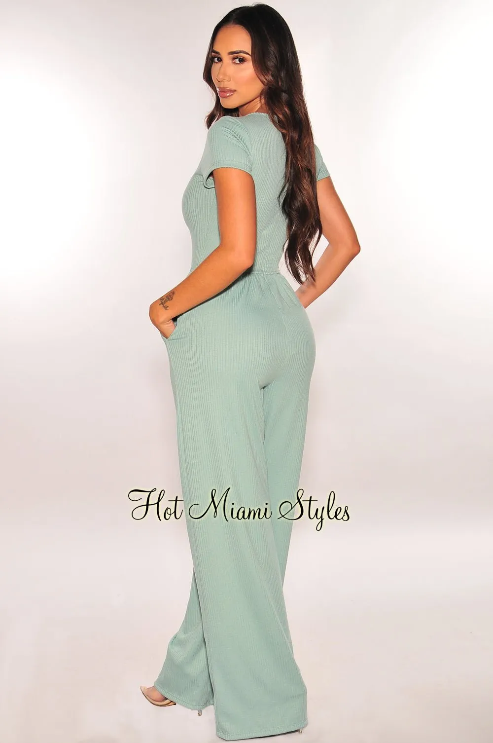 Teal Ribbed Short Sleeve Wide Leg Jumpsuit sold by Hot Miami Styles product image thumbnail 2