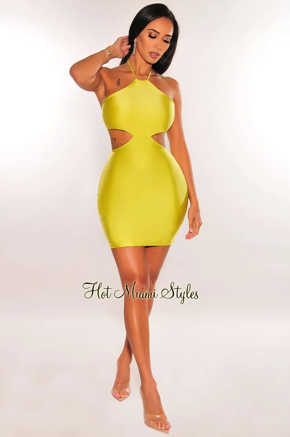 Neon Lime Halter Cut Out Mini Dress sold by Hot Miami Styles product image thumbnail 3