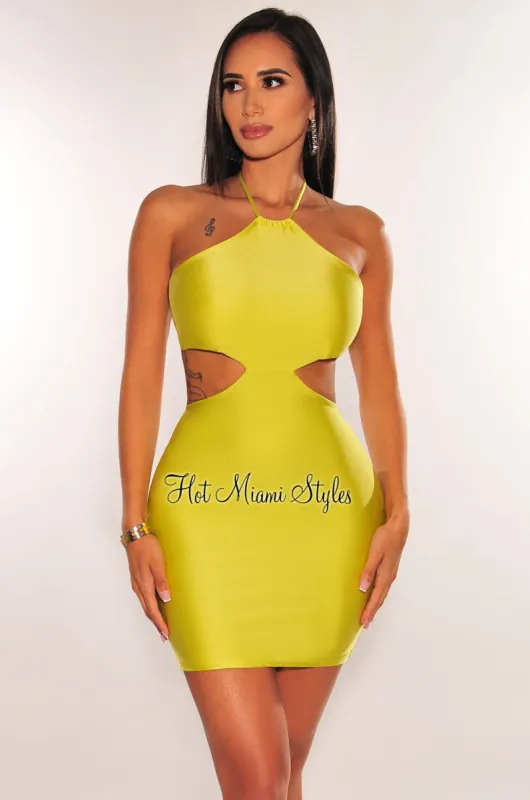 Neon Lime Halter Cut Out Mini Dress sold by Hot Miami Styles