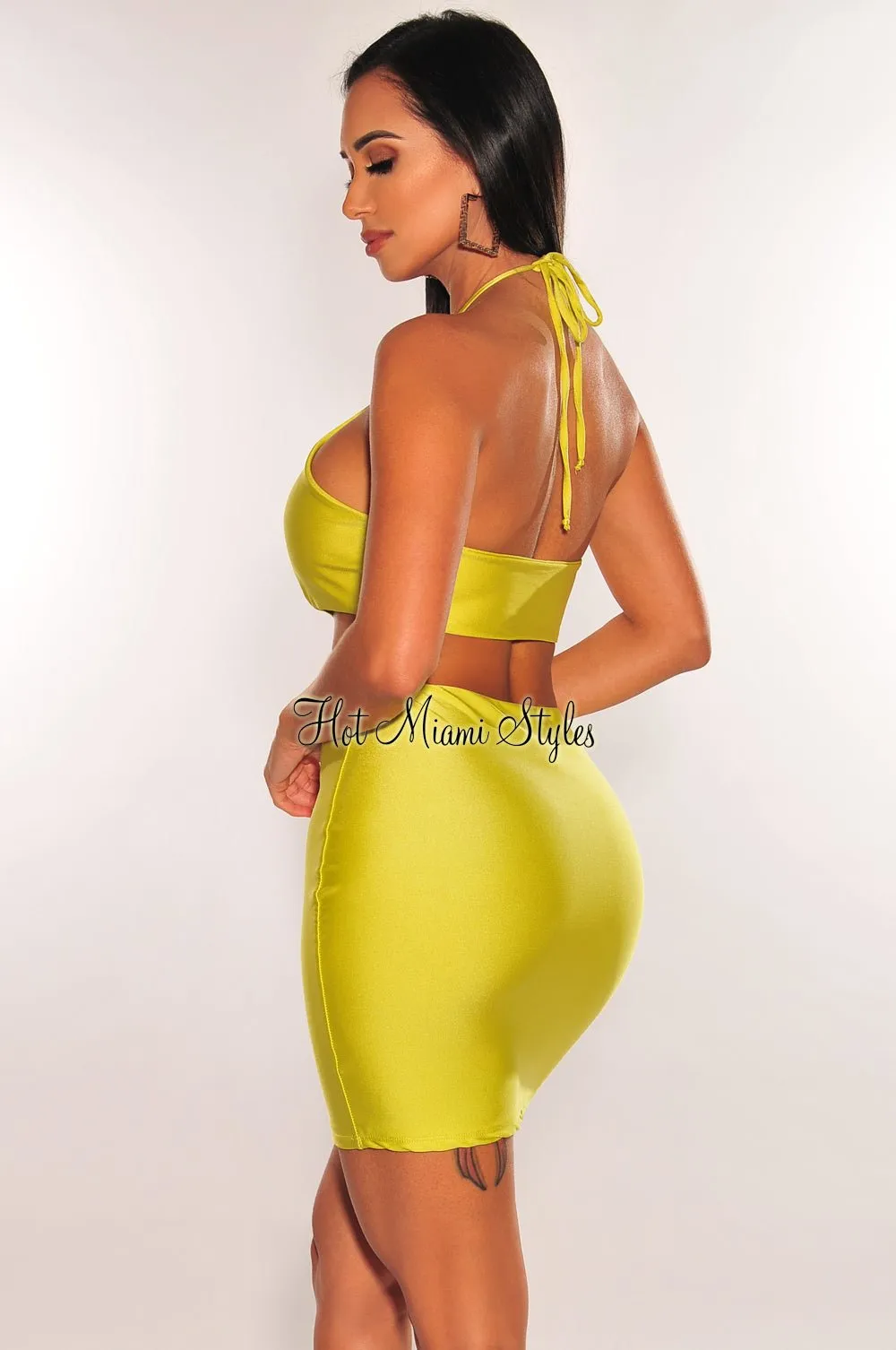 Neon Lime Halter Cut Out Mini Dress sold by Hot Miami Styles product image thumbnail 2